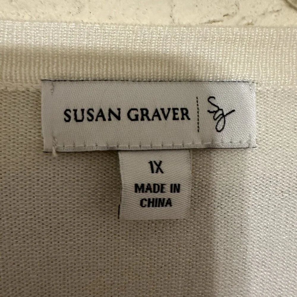 Susan Graver Ivory White Black Beaded Cardigan Sweater Button‎ Down 1X